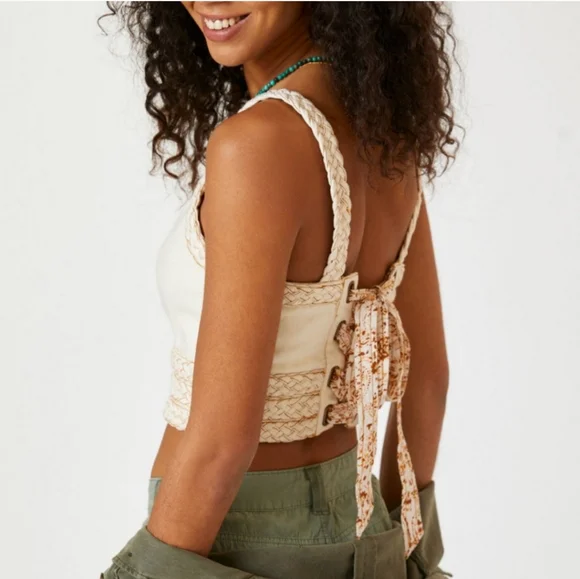 Anthropologie Pilcro Cream Braided Strap Lace Up Crop Tank Size XS - Picture 4 of 7